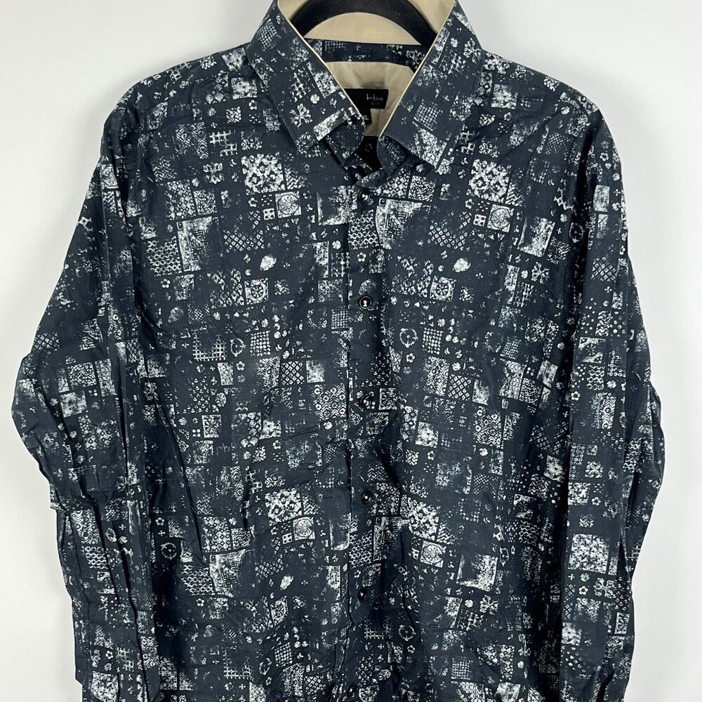 Homem Casual Button Down Shirt Size XL Black Gray Long Sleeve Slim Fit Cotton